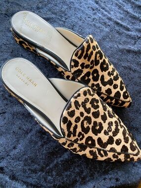 Cole Haan Leopard-Print Pointed Toe Mules in Tan and Black